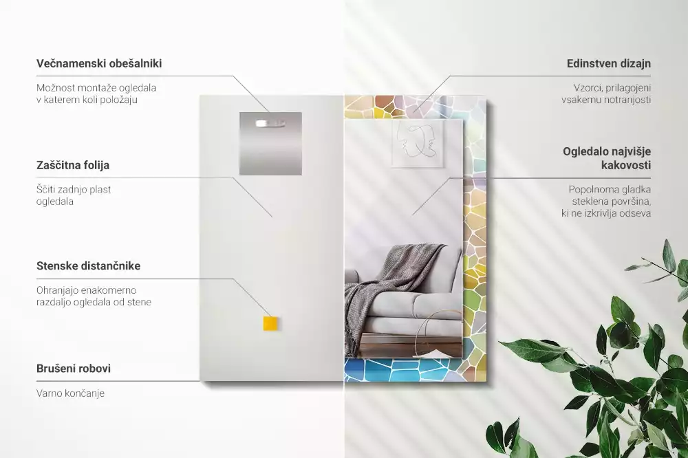 Oglindă decorativă dreptunghiulară cu model mozaic abstract colorat