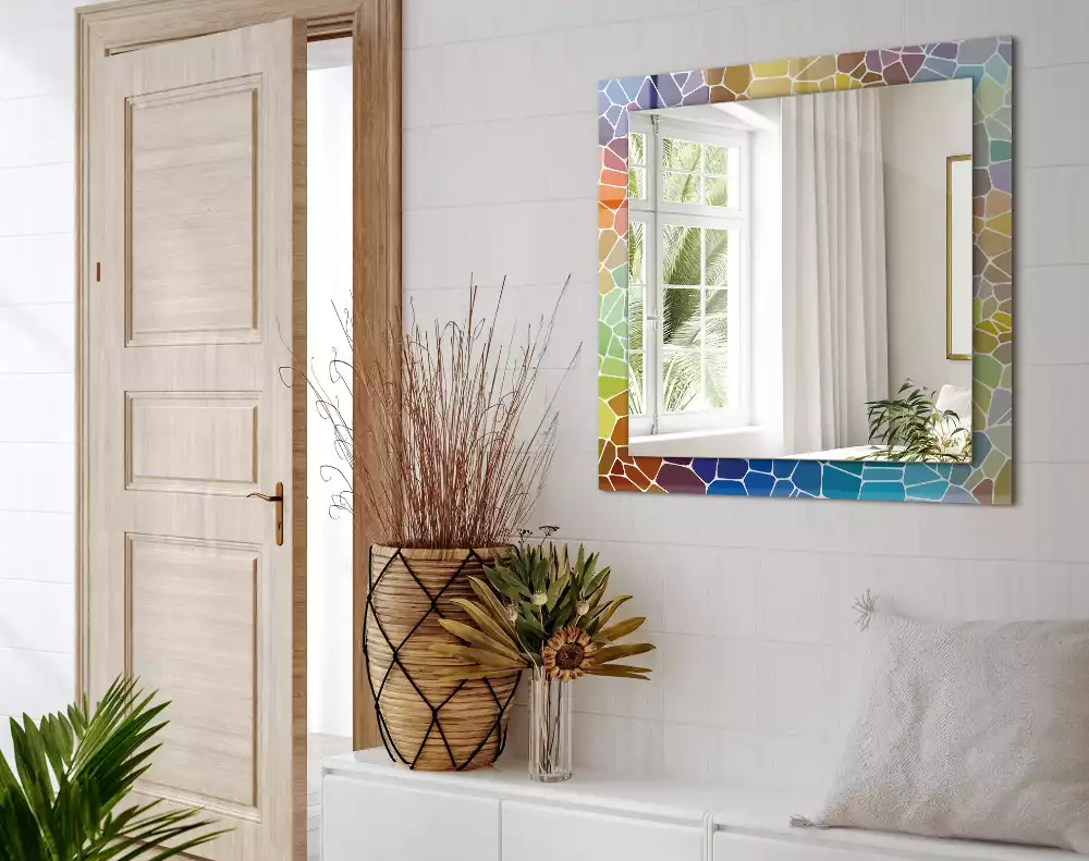 Oglindă decorativă dreptunghiulară cu model mozaic abstract colorat