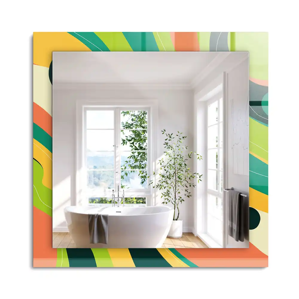 Oglindă dreptunghiulară cu ramă decorată cu imprimeu abstract colorat