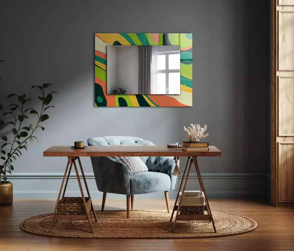 Oglindă dreptunghiulară cu ramă decorată cu imprimeu abstract colorat