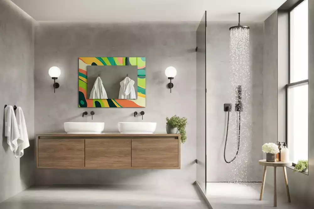 Oglindă dreptunghiulară cu ramă decorată cu imprimeu abstract colorat