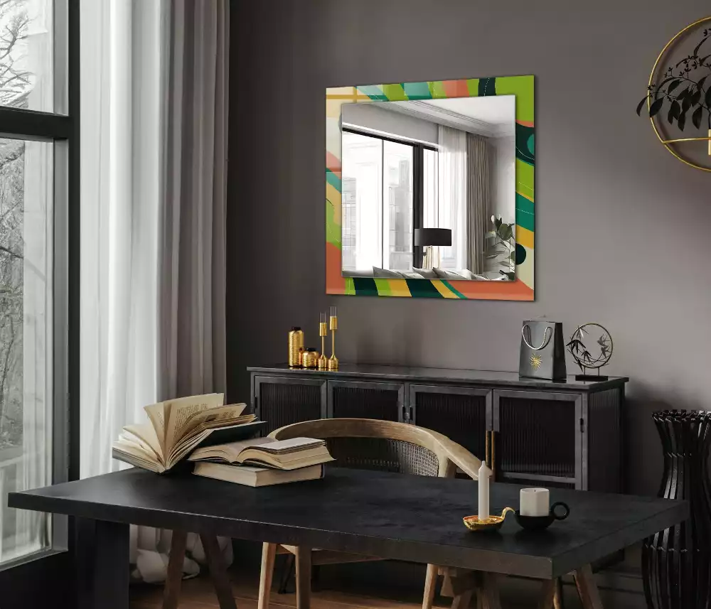 Oglindă dreptunghiulară cu ramă decorată cu imprimeu abstract colorat