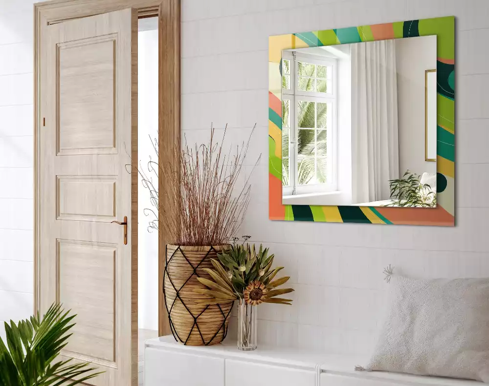 Oglindă dreptunghiulară cu ramă decorată cu imprimeu abstract colorat