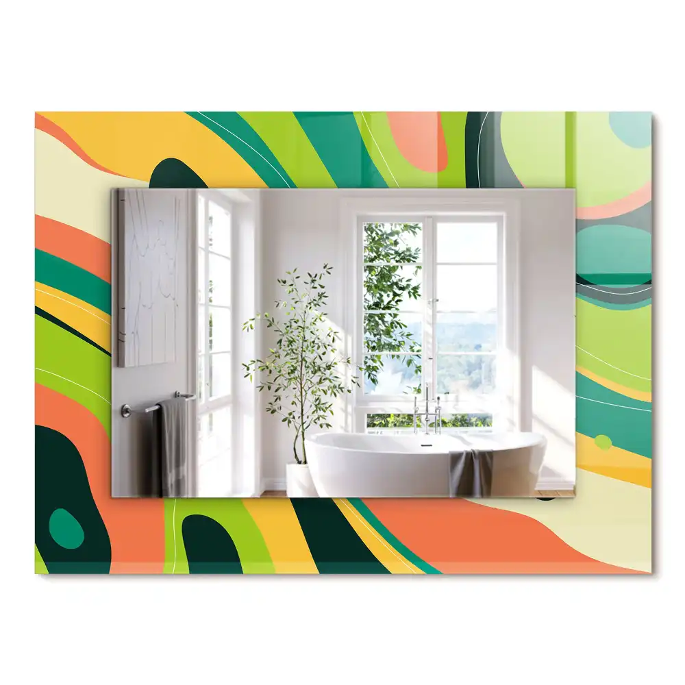 Oglindă dreptunghiulară cu ramă decorată cu imprimeu abstract colorat