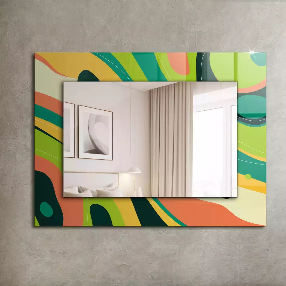 Oglindă dreptunghiulară cu ramă decorată cu imprimeu abstract colorat