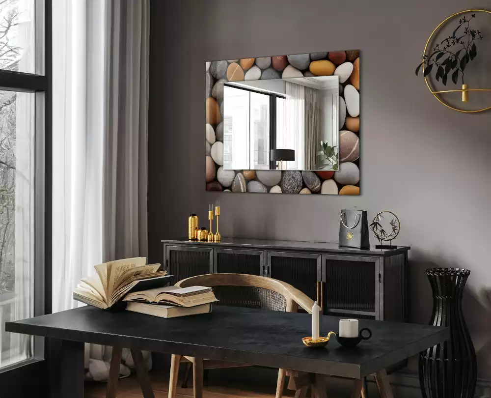 Oglindă dreptunghiulară decorativă de perete cu pietre netede colorate