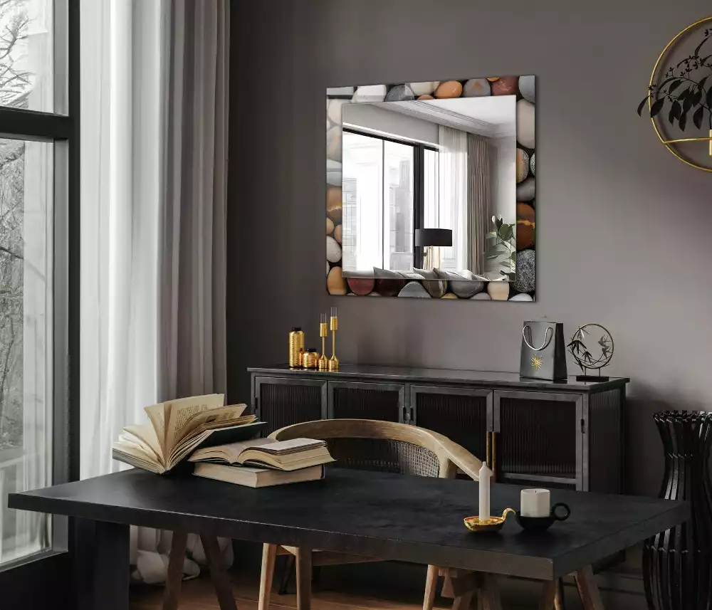 Oglindă dreptunghiulară decorativă de perete cu pietre netede colorate