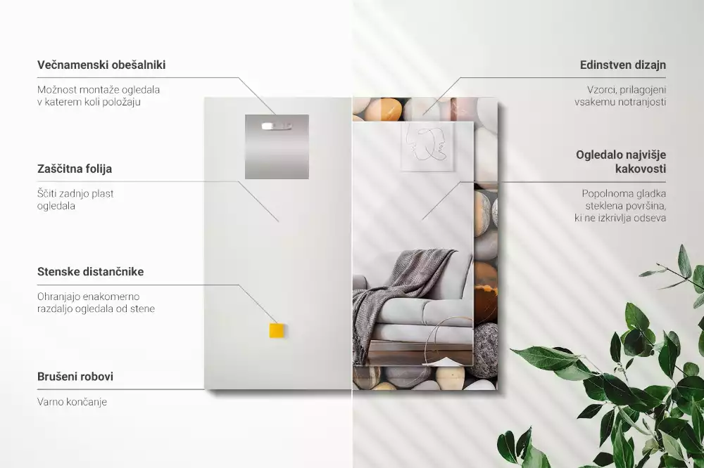 Oglindă dreptunghiulară decorativă de perete cu pietre netede colorate