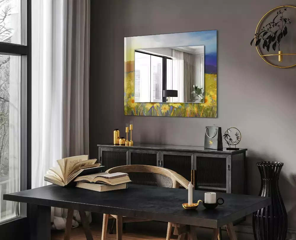 Oglindă decorativă dreptunghiulară cu model câmp de floarea-soarelui