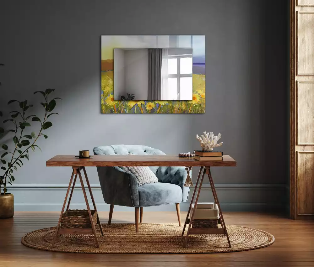 Oglindă decorativă dreptunghiulară cu model câmp de floarea-soarelui