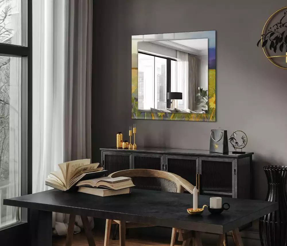 Oglindă decorativă dreptunghiulară cu model câmp de floarea-soarelui