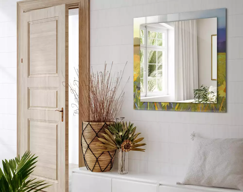 Oglindă decorativă dreptunghiulară cu model câmp de floarea-soarelui