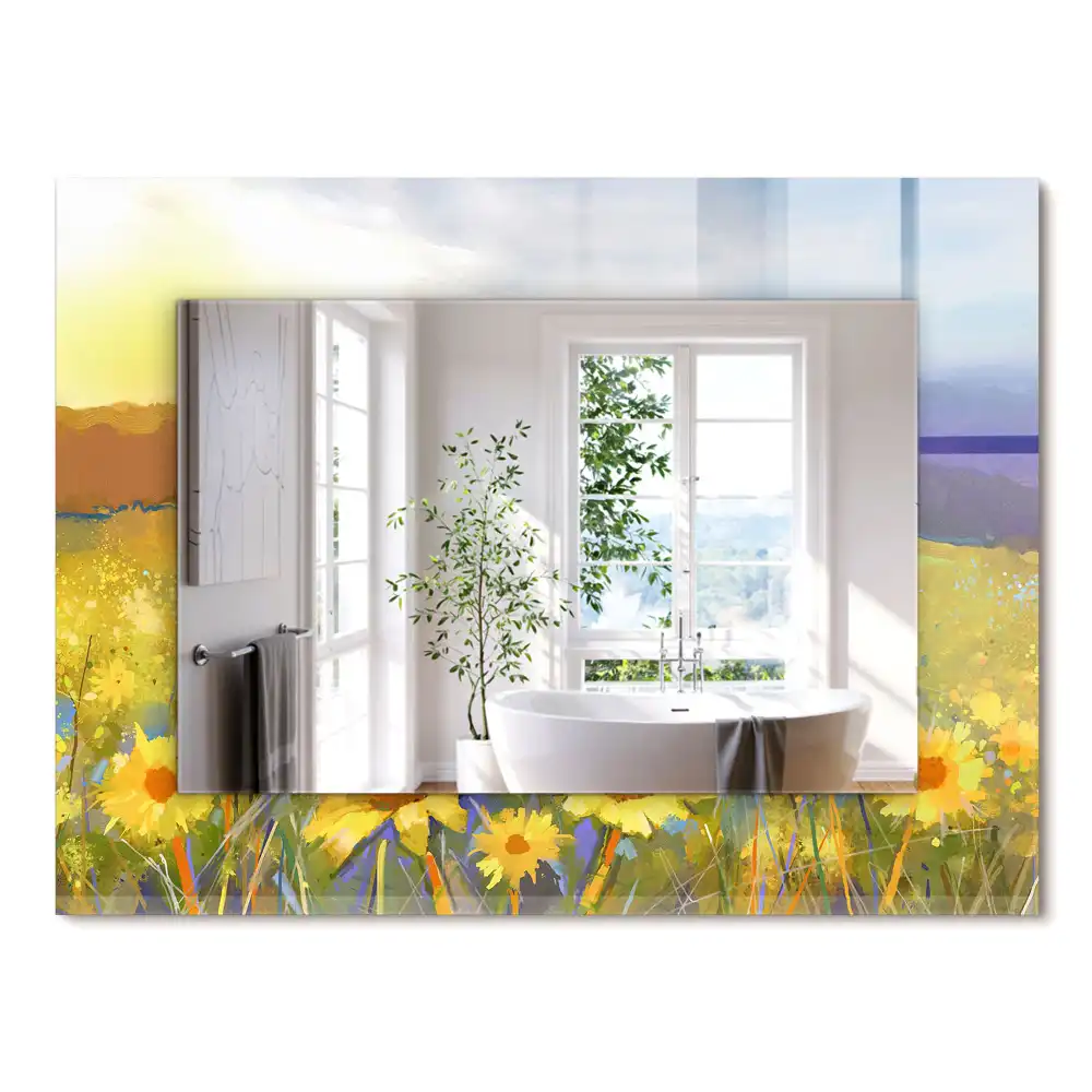 Oglindă decorativă dreptunghiulară cu model câmp de floarea-soarelui