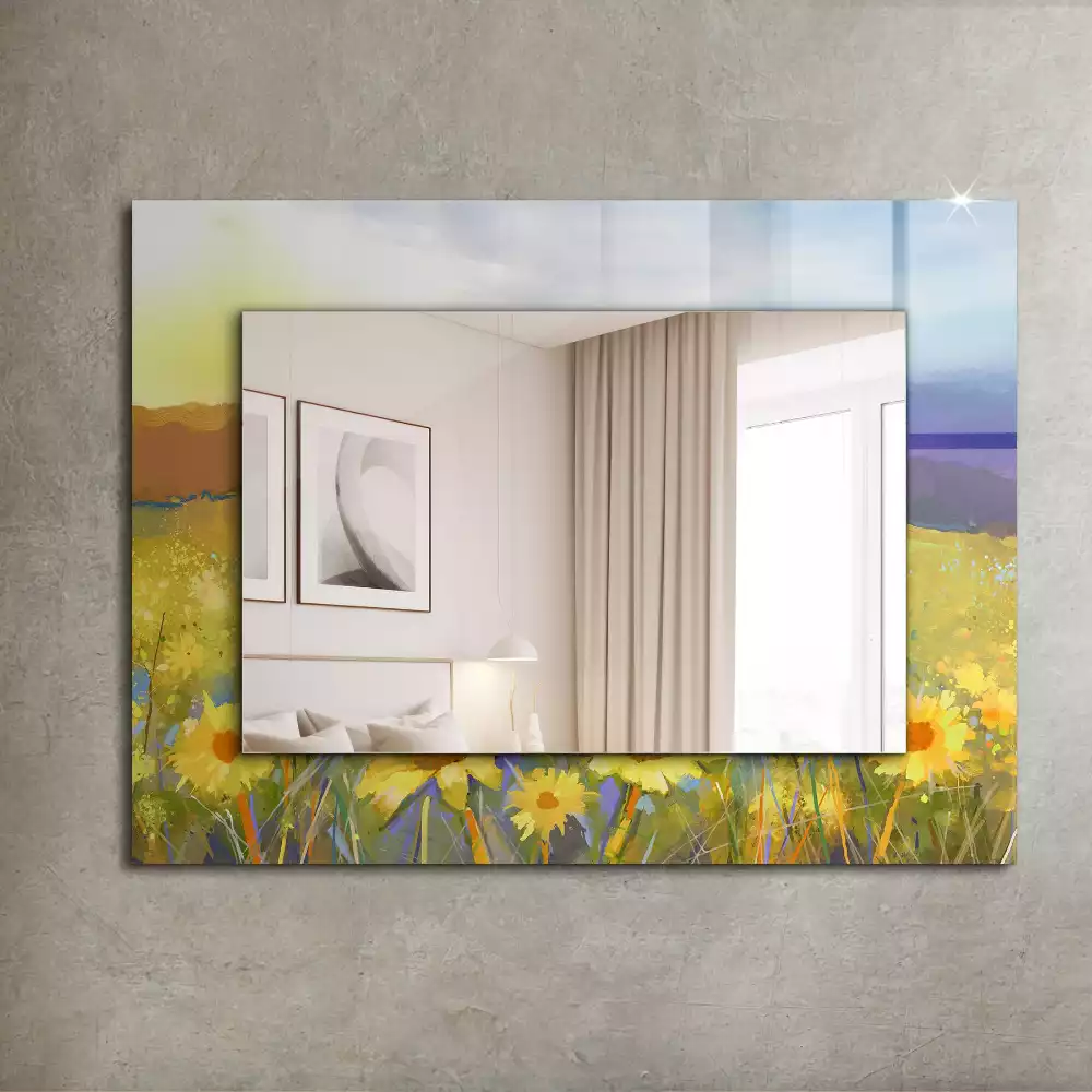 Oglindă decorativă dreptunghiulară cu model câmp de floarea-soarelui