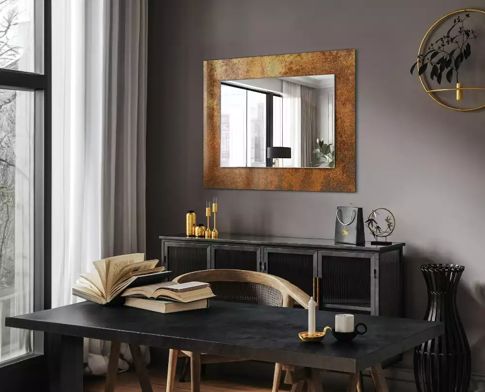 Oglindă decorativă de perete dreptunghiulară cu aspect de tablă ruginită