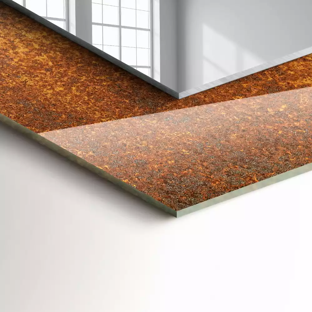 Oglindă decorativă de perete dreptunghiulară cu aspect de tablă ruginită