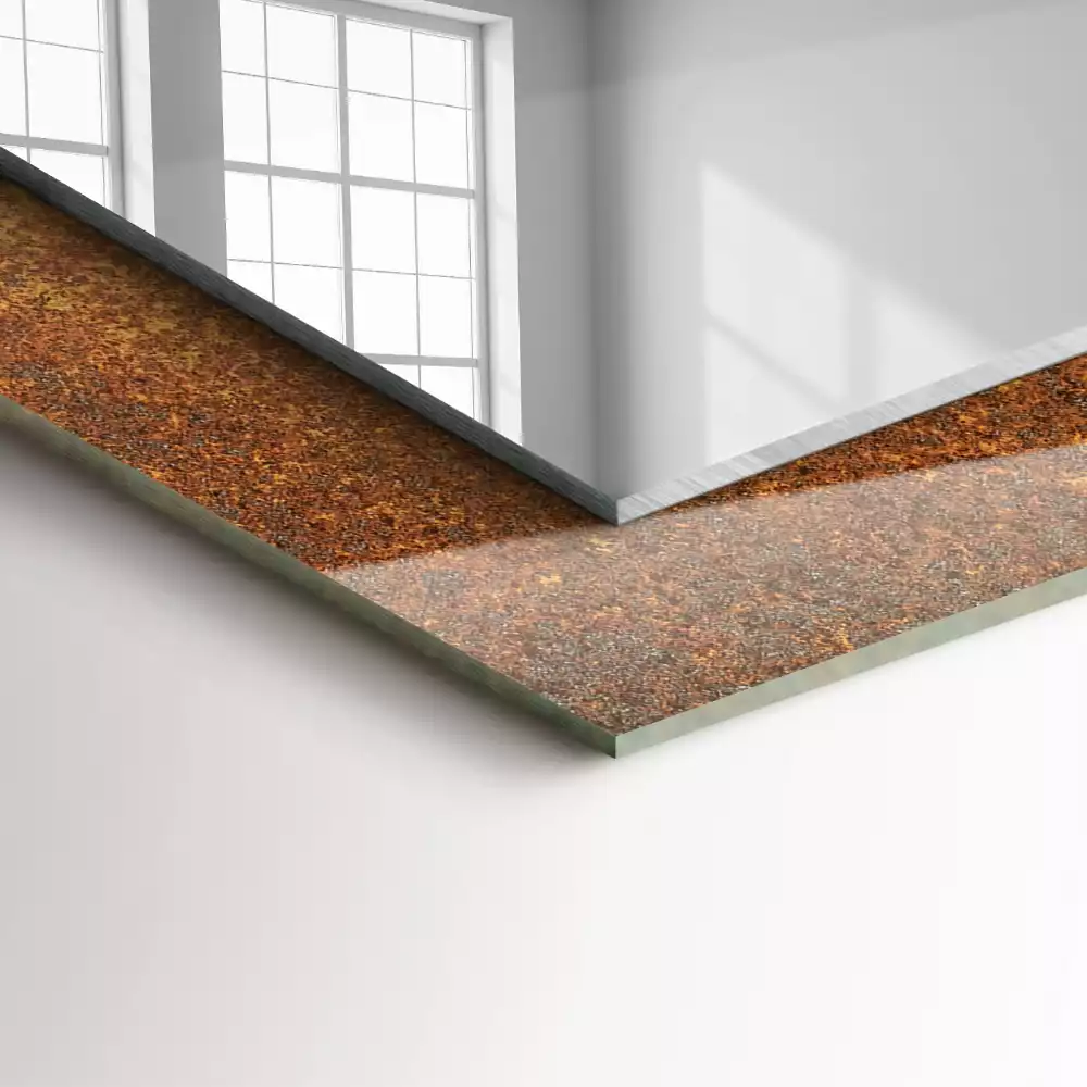 Oglindă decorativă de perete dreptunghiulară cu aspect de tablă ruginită