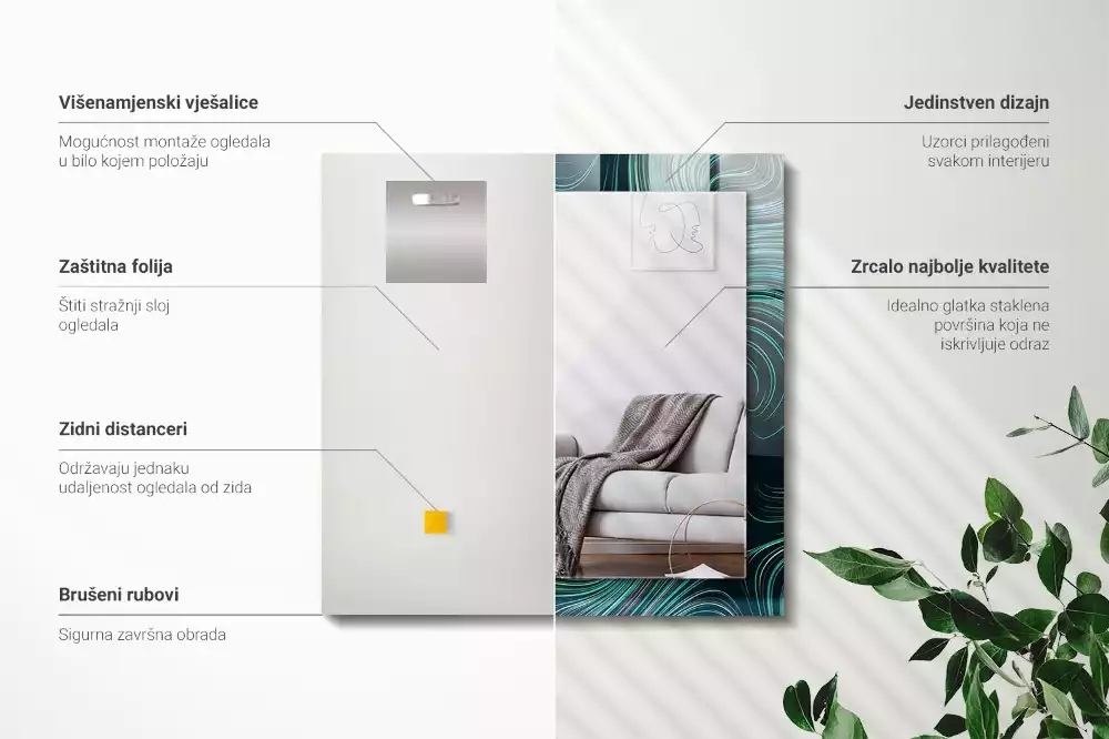 Oglindă dreptunghiulară cu ramă imprimată cu linii abstracte