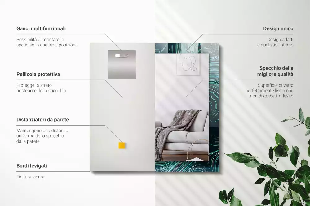 Oglindă dreptunghiulară cu ramă imprimată cu linii abstracte