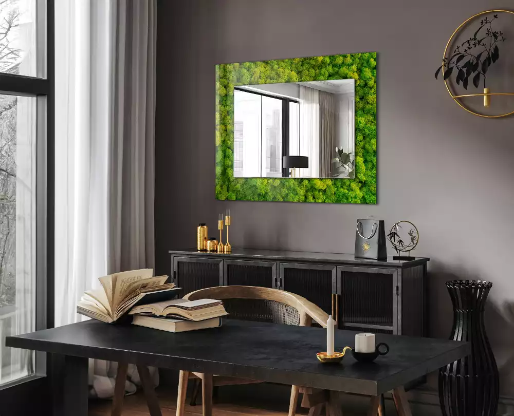 Oglindă dreptunghiulară cu decor din mușchi verde