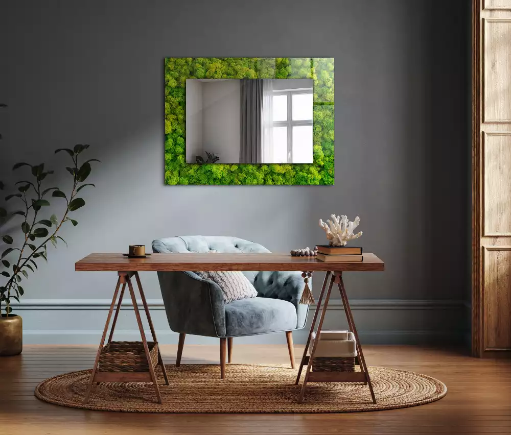 Oglindă dreptunghiulară cu decor din mușchi verde