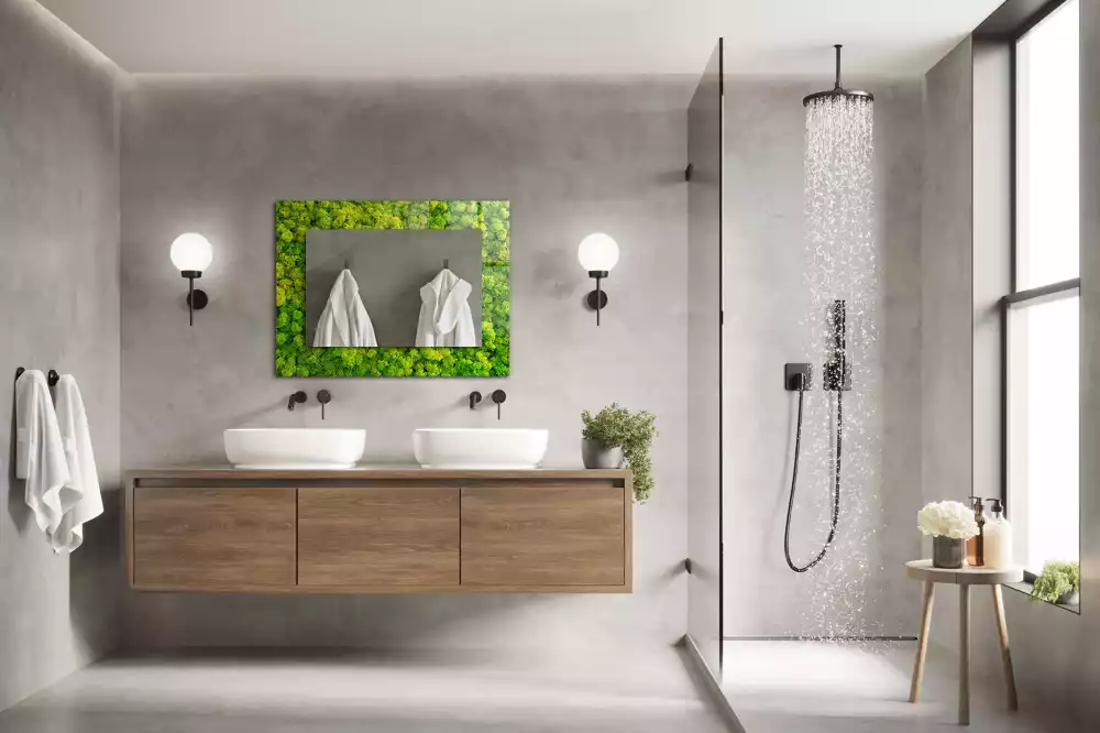 Oglindă dreptunghiulară cu decor din mușchi verde