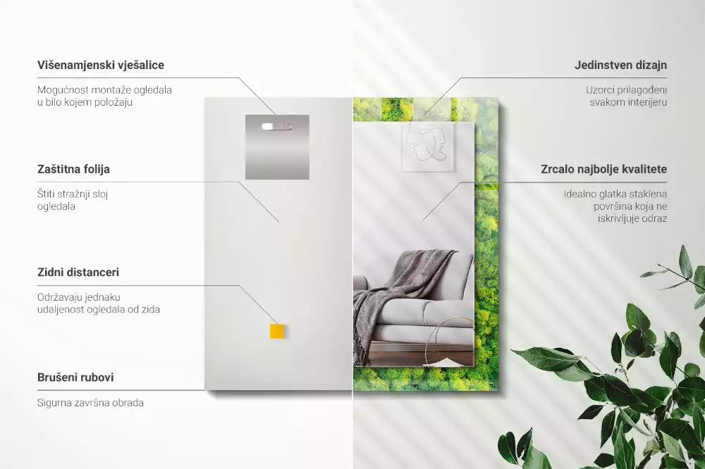 Oglindă dreptunghiulară cu decor din mușchi verde