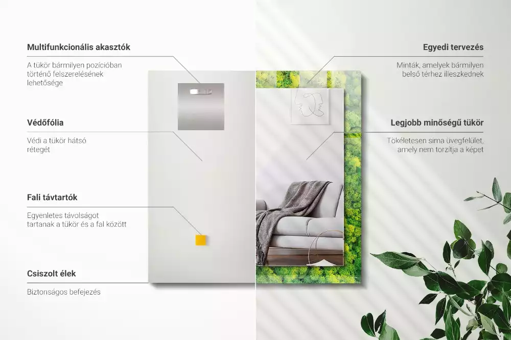 Oglindă dreptunghiulară cu decor din mușchi verde