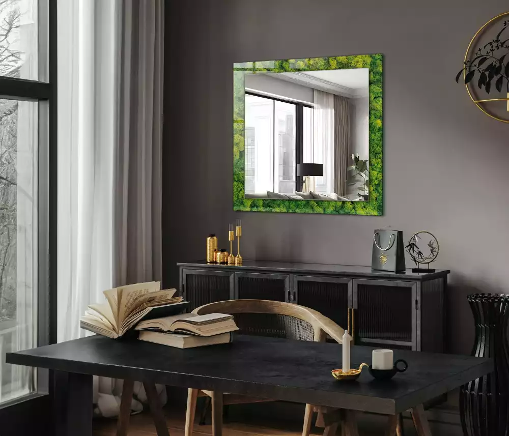 Oglindă dreptunghiulară cu decor din mușchi verde