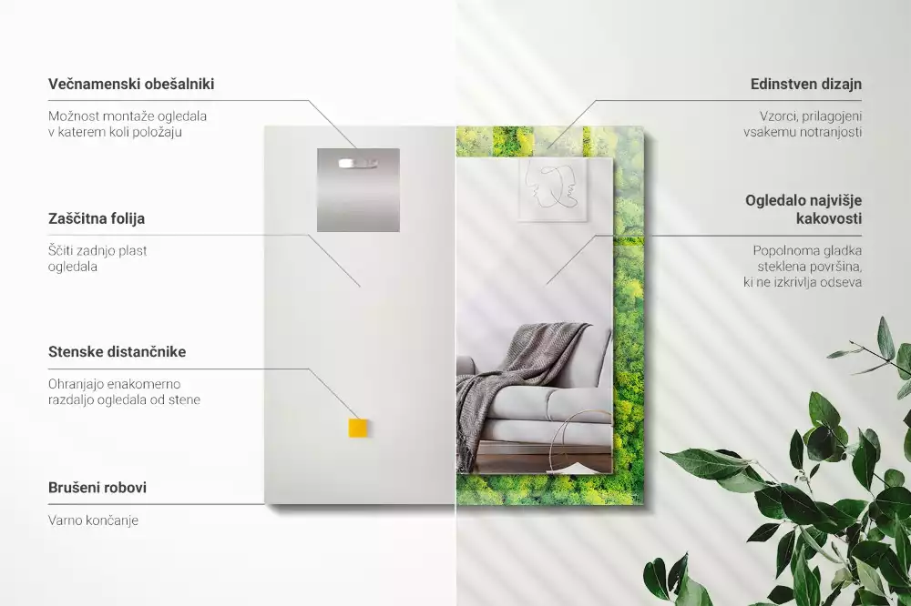 Oglindă dreptunghiulară cu decor din mușchi verde