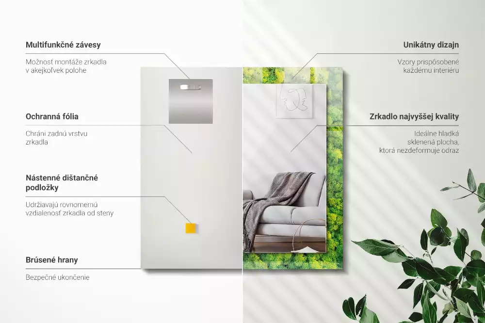 Oglindă dreptunghiulară cu decor din mușchi verde