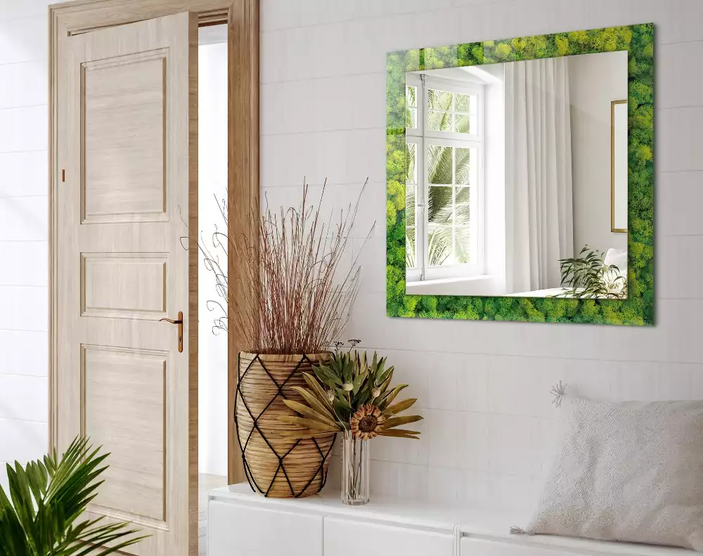 Oglindă dreptunghiulară cu decor din mușchi verde