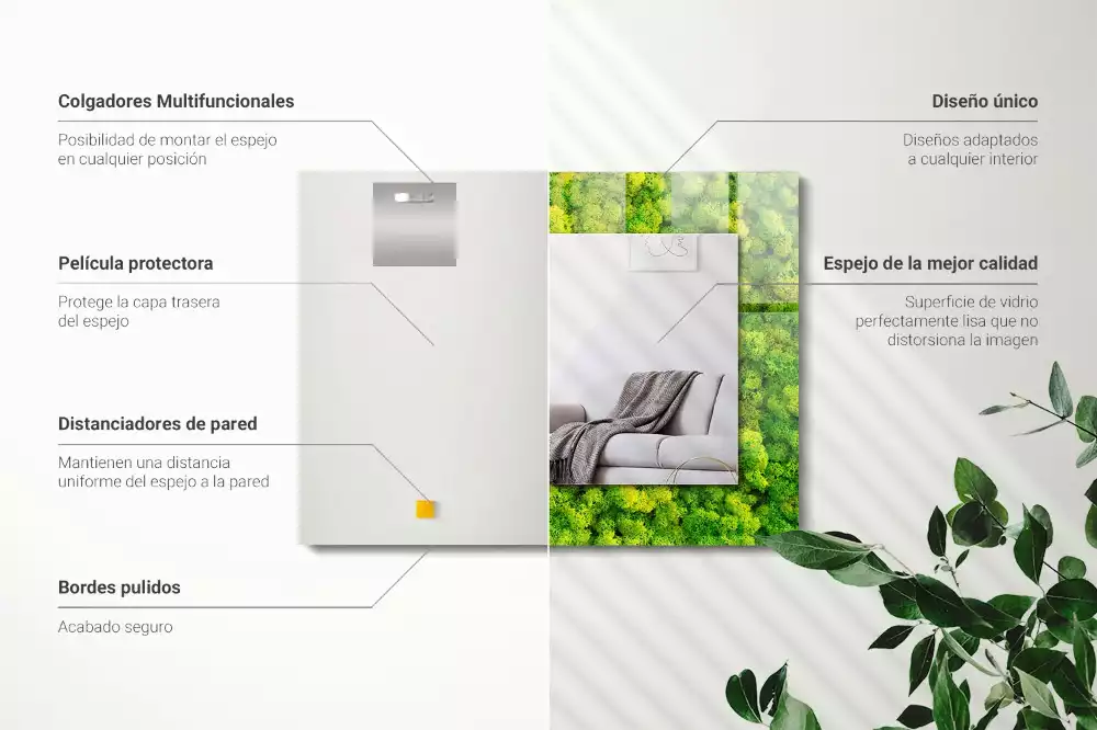 Oglindă dreptunghiulară cu decor din mușchi verde
