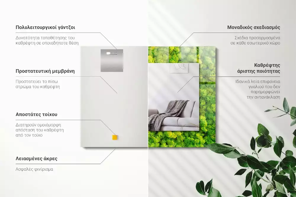 Oglindă dreptunghiulară cu decor din mușchi verde