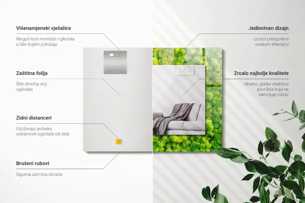 Oglindă dreptunghiulară cu decor din mușchi verde