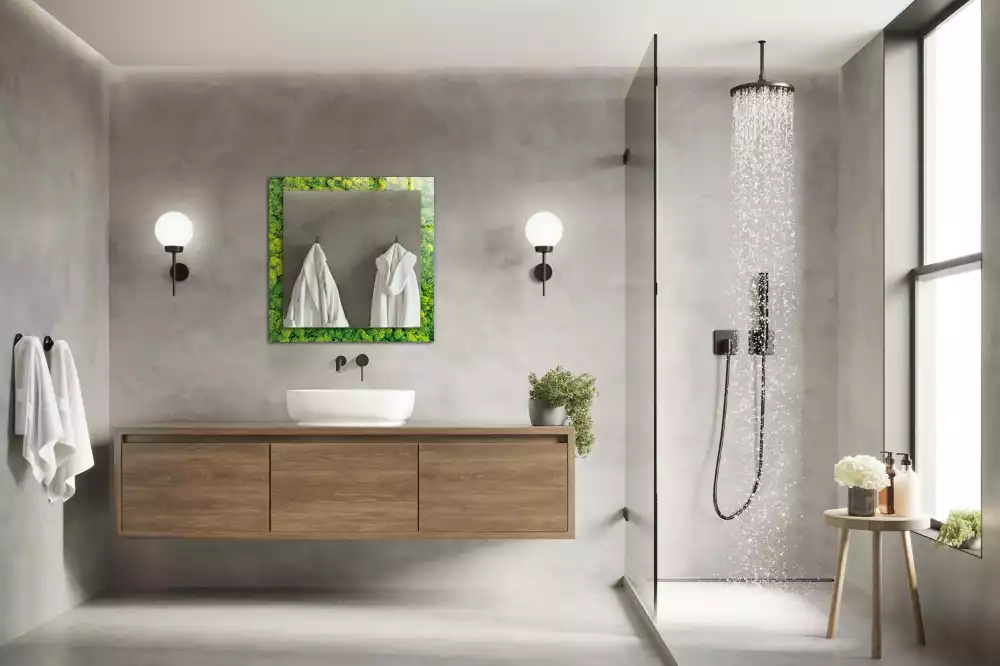 Oglindă dreptunghiulară cu decor din mușchi verde