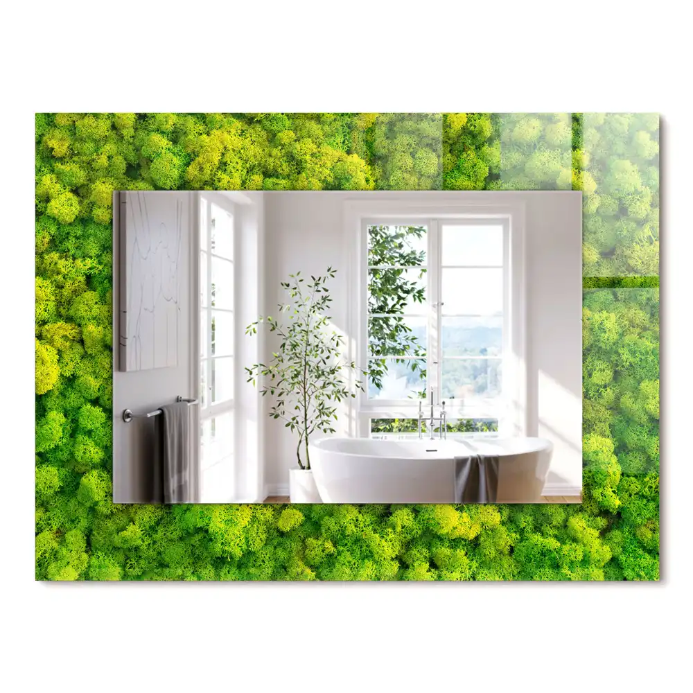 Oglindă dreptunghiulară cu decor din mușchi verde