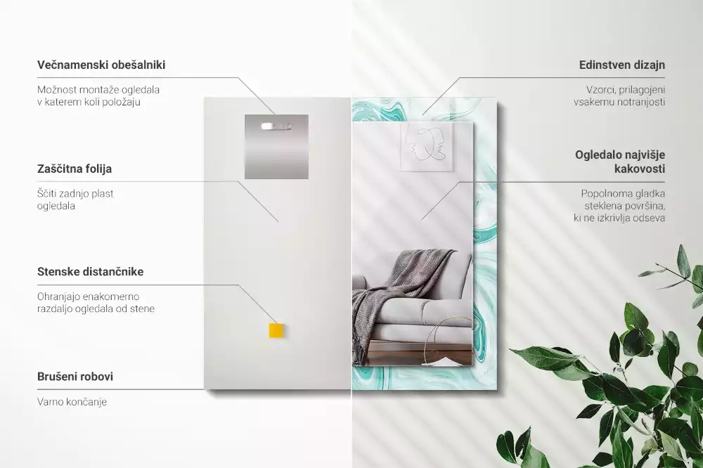 Oglindă decorativă de perete dreptunghiulară cu model abstract de marmură