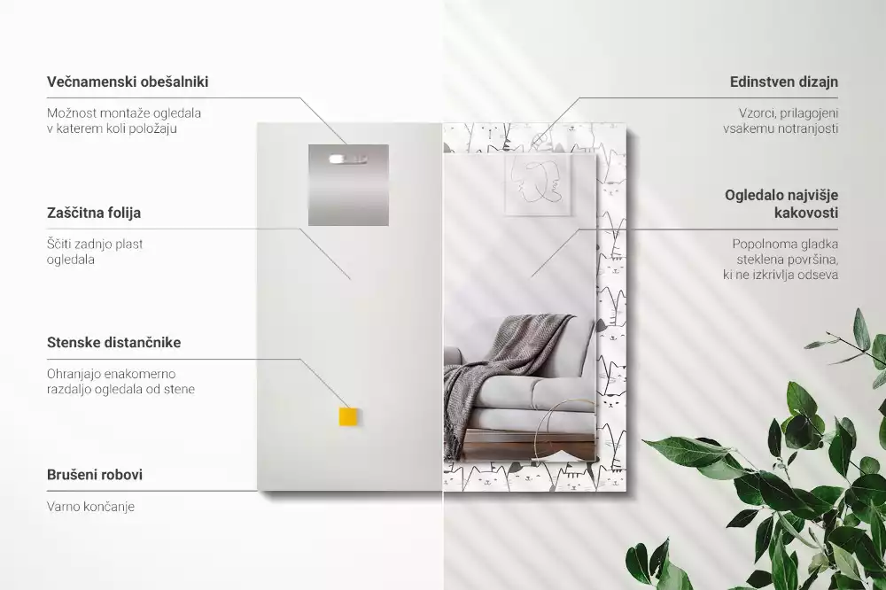 Oglindă dreptunghiulară cu imprimeu pisici fericite