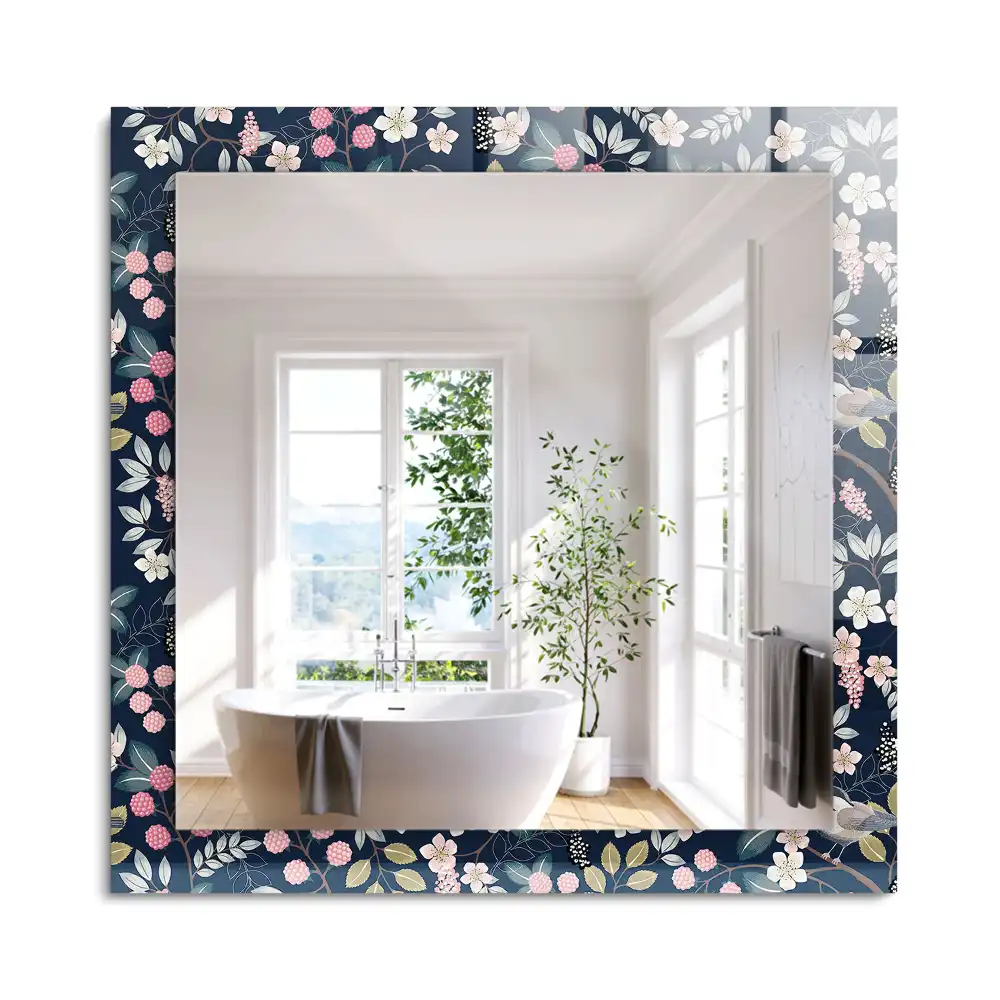 Oglindă dreptunghiulară cu ramă decorată cu imprimeu floral cu frunze și păsări