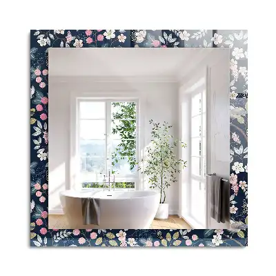 Oglindă dreptunghiulară cu ramă decorată cu imprimeu floral cu frunze și păsări