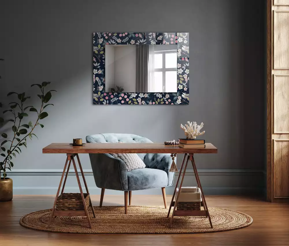 Oglindă dreptunghiulară cu ramă decorată cu imprimeu floral cu frunze și păsări