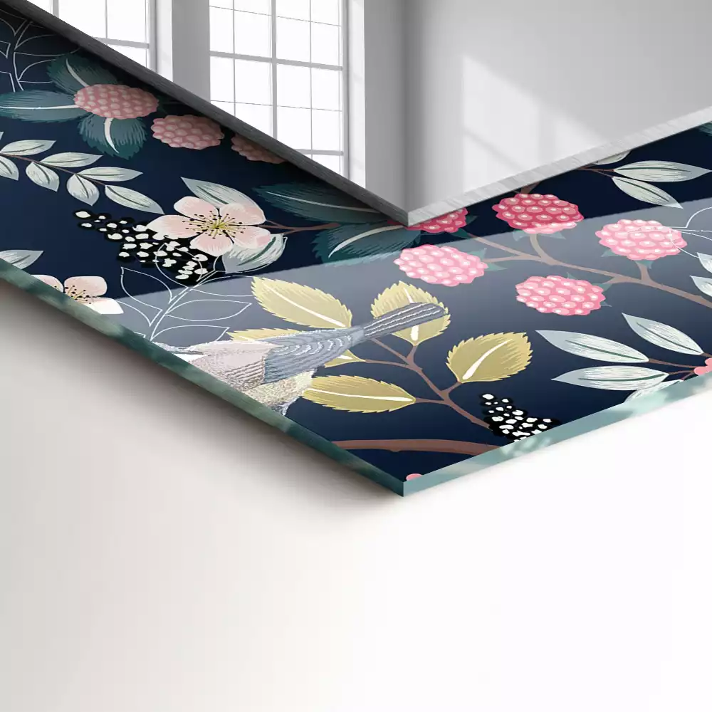 Oglindă dreptunghiulară cu ramă decorată cu imprimeu floral cu frunze și păsări