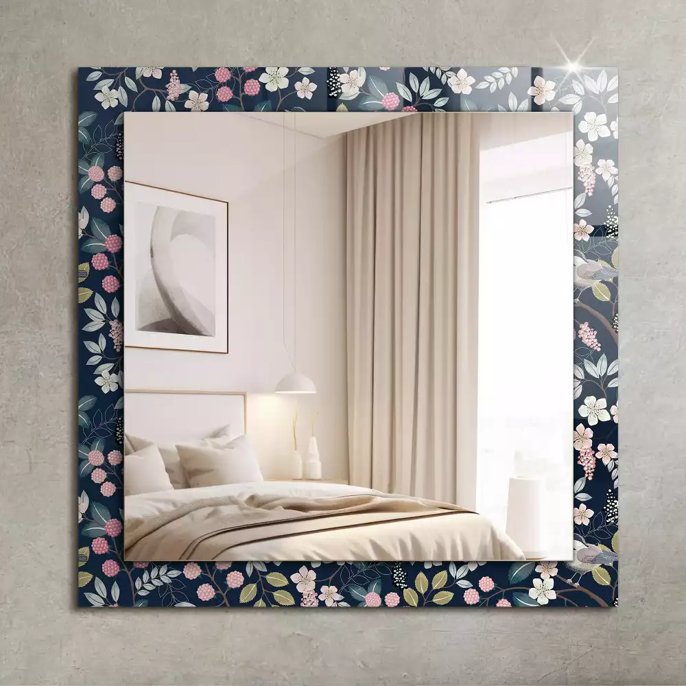 Oglindă dreptunghiulară cu ramă decorată cu imprimeu floral cu frunze și păsări