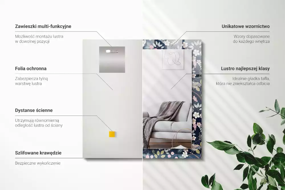 Oglindă dreptunghiulară cu ramă decorată cu imprimeu floral cu frunze și păsări
