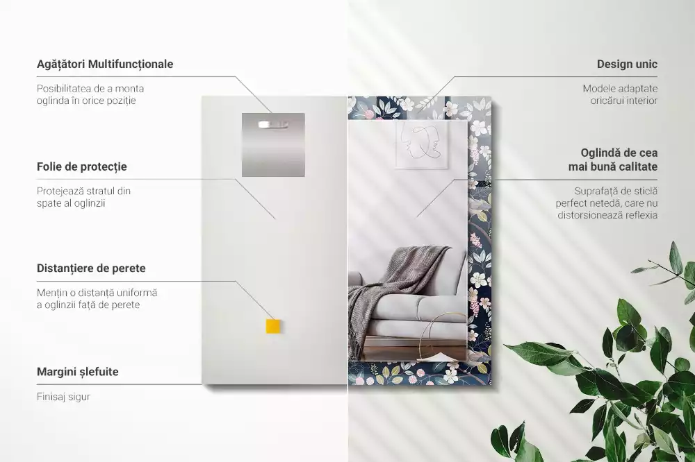 Oglindă dreptunghiulară cu ramă decorată cu imprimeu floral cu frunze și păsări