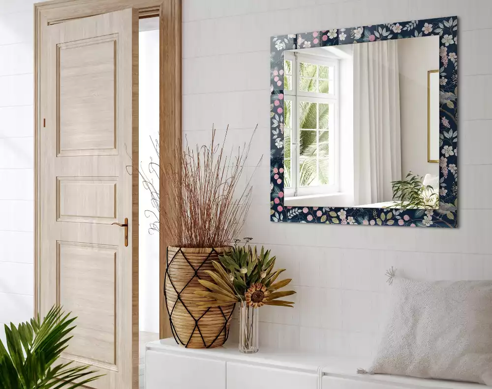 Oglindă dreptunghiulară cu ramă decorată cu imprimeu floral cu frunze și păsări