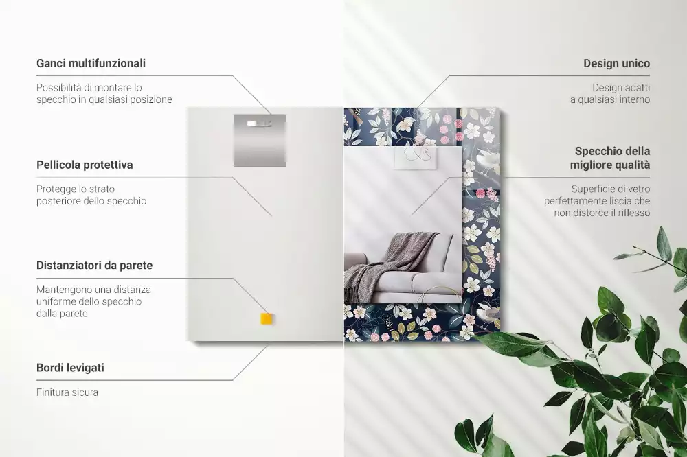 Oglindă dreptunghiulară cu ramă decorată cu imprimeu floral cu frunze și păsări