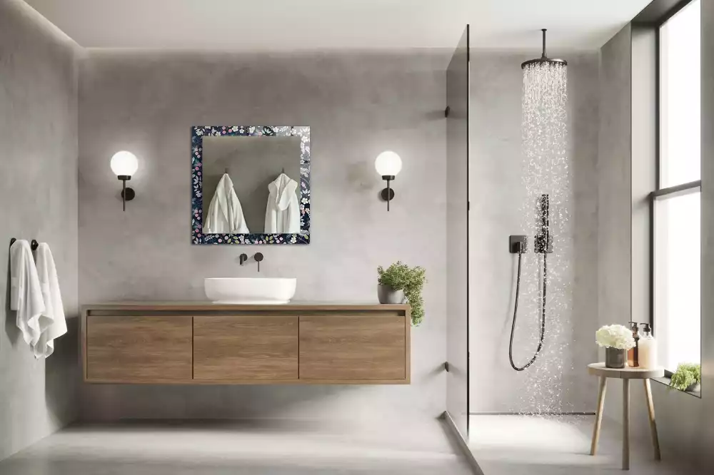 Oglindă dreptunghiulară cu ramă decorată cu imprimeu floral cu frunze și păsări