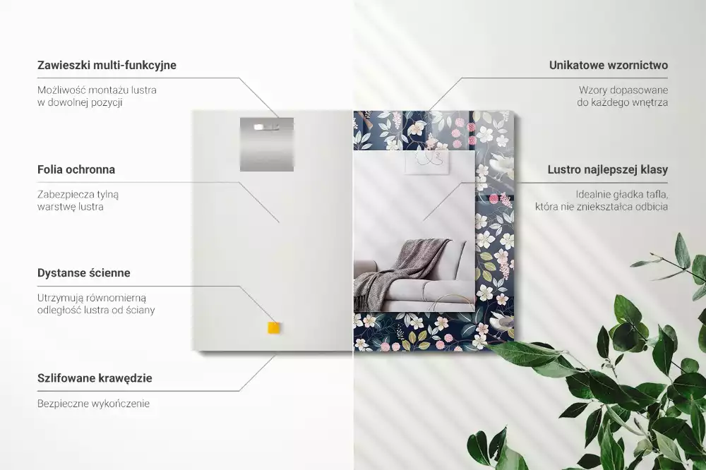 Oglindă dreptunghiulară cu ramă decorată cu imprimeu floral cu frunze și păsări